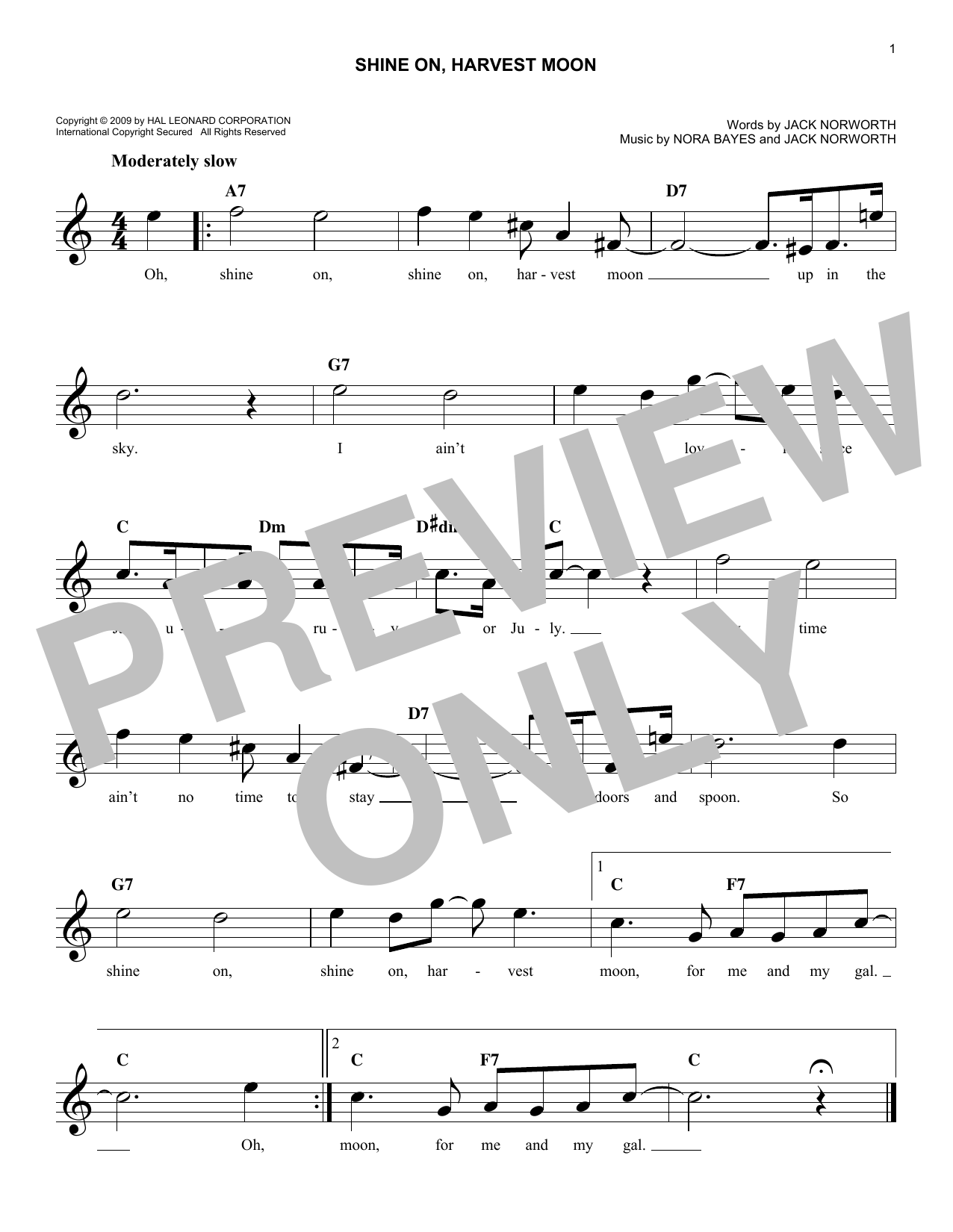 Nora Bayes Shine On, Harvest Moon sheet music, chords, lyrics - Printable PDF for Melody Line, Lyrics & Chords