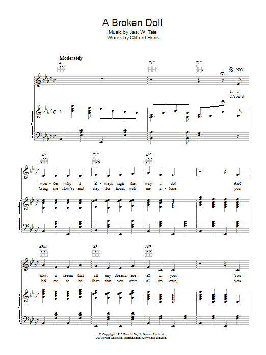 Learn to play Nora Bayes A Broken Doll sheet music for Piano, Vocal & Guitar (Right-Hand Melody) in minutes. Nora Bayes A Broken Doll sheet music preview music notes and score for Piano, Vocal & Guitar (Right-Hand Melody) including 5 page(s)