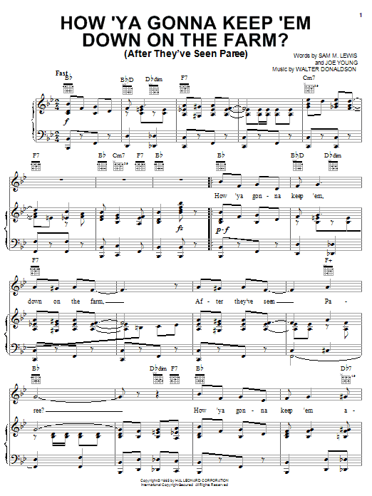 Nora Bayes How 'Ya Gonna Keep 'em Down On The Farm? (After They've Seen Paree) sheet music preview music notes and score for Piano, Vocal & Guitar (Right-Hand Melody) including 3 page(s)