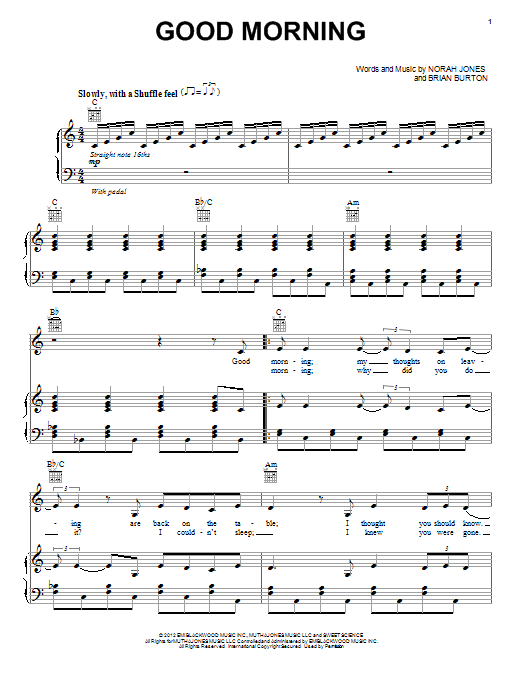 Norah Jones Good Morning sheet music, chords, lyrics - Printable PDF for Piano, Vocal & Guitar (Right-Hand Melody)