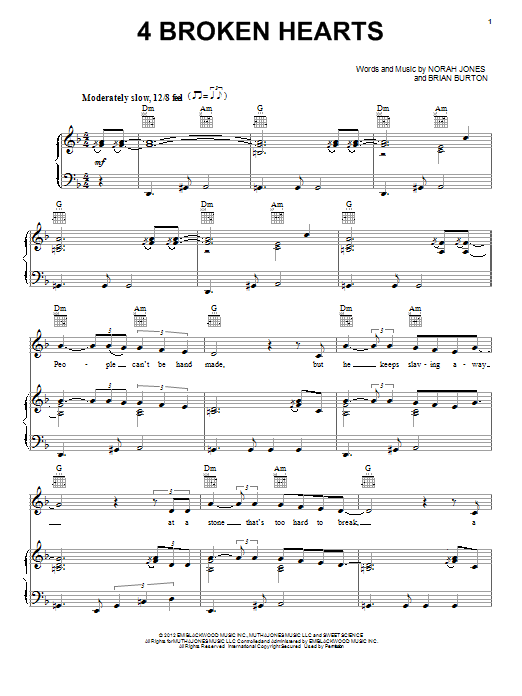 Learn to play Norah Jones 4 Broken Hearts sheet music for Piano, Vocal & Guitar (Right-Hand Melody) in minutes. Norah Jones 4 Broken Hearts sheet music preview music notes and score for Piano, Vocal & Guitar (Right-Hand Melody) including 4 page(s)