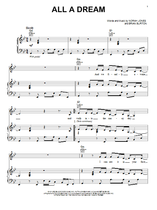Learn to play Norah Jones All A Dream sheet music for Piano, Vocal & Guitar (Right-Hand Melody) in minutes. Norah Jones All A Dream sheet music preview music notes and score for Piano, Vocal & Guitar (Right-Hand Melody) including 6 page(s)