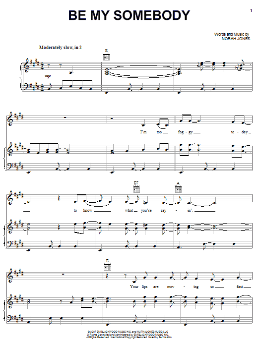 Learn to play Norah Jones Be My Somebody sheet music for Piano, Vocal & Guitar (Right-Hand Melody) in minutes. Norah Jones Be My Somebody sheet music preview music notes and score for Piano, Vocal & Guitar (Right-Hand Melody) including 8 page(s)