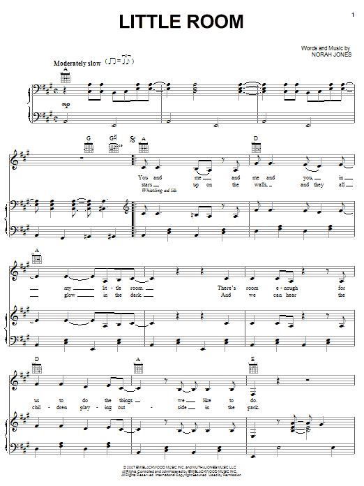 Learn to play Norah Jones Little Room sheet music for Piano, Vocal & Guitar (Right-Hand Melody) in minutes. Norah Jones Little Room sheet music preview music notes and score for Piano, Vocal & Guitar (Right-Hand Melody) including 4 page(s)