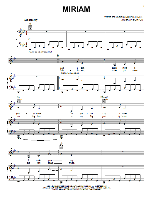 Learn to play Norah Jones Miriam sheet music for Piano, Vocal & Guitar (Right-Hand Melody) in minutes. Norah Jones Miriam sheet music preview music notes and score for Piano, Vocal & Guitar (Right-Hand Melody) including 6 page(s)