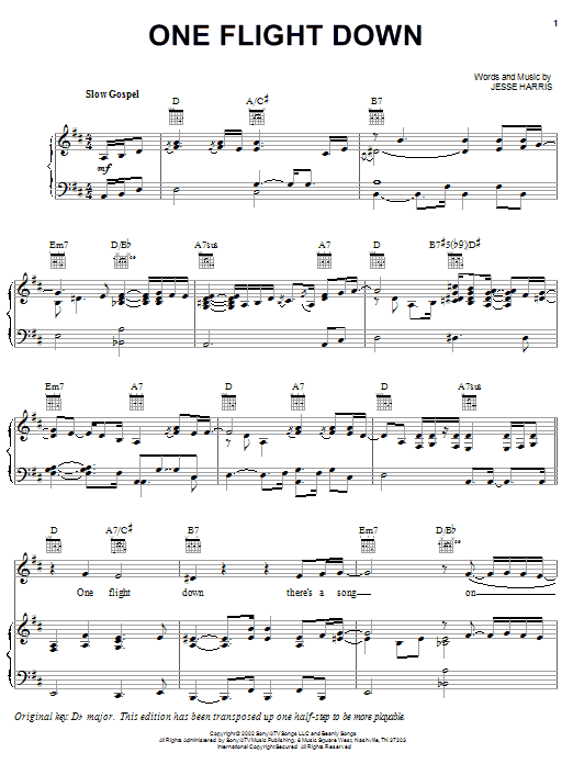 Learn to play Norah Jones One Flight Down sheet music for Piano, Vocal & Guitar (Right-Hand Melody) in minutes. Norah Jones One Flight Down sheet music preview music notes and score for Piano, Vocal & Guitar (Right-Hand Melody) including 5 page(s)