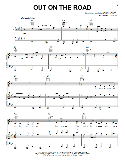 Learn to play Norah Jones Out On The Road sheet music for Piano, Vocal & Guitar (Right-Hand Melody) in minutes. Norah Jones Out On The Road sheet music preview music notes and score for Piano, Vocal & Guitar (Right-Hand Melody) including 7 page(s)