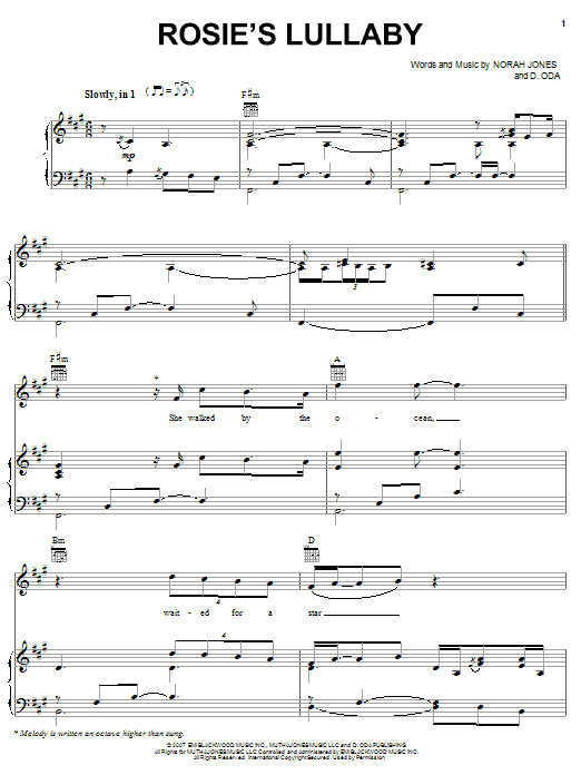 Learn to play Norah Jones Rosie's Lullaby sheet music for Piano, Vocal & Guitar (Right-Hand Melody) in minutes. Norah Jones Rosie's Lullaby sheet music preview music notes and score for Piano, Vocal & Guitar (Right-Hand Melody) including 6 page(s)
