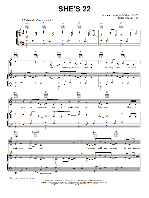 Learn to play Norah Jones She's 22 sheet music for Piano, Vocal & Guitar (Right-Hand Melody) in minutes. Norah Jones She's 22 sheet music preview music notes and score for Piano, Vocal & Guitar (Right-Hand Melody) including 6 page(s)