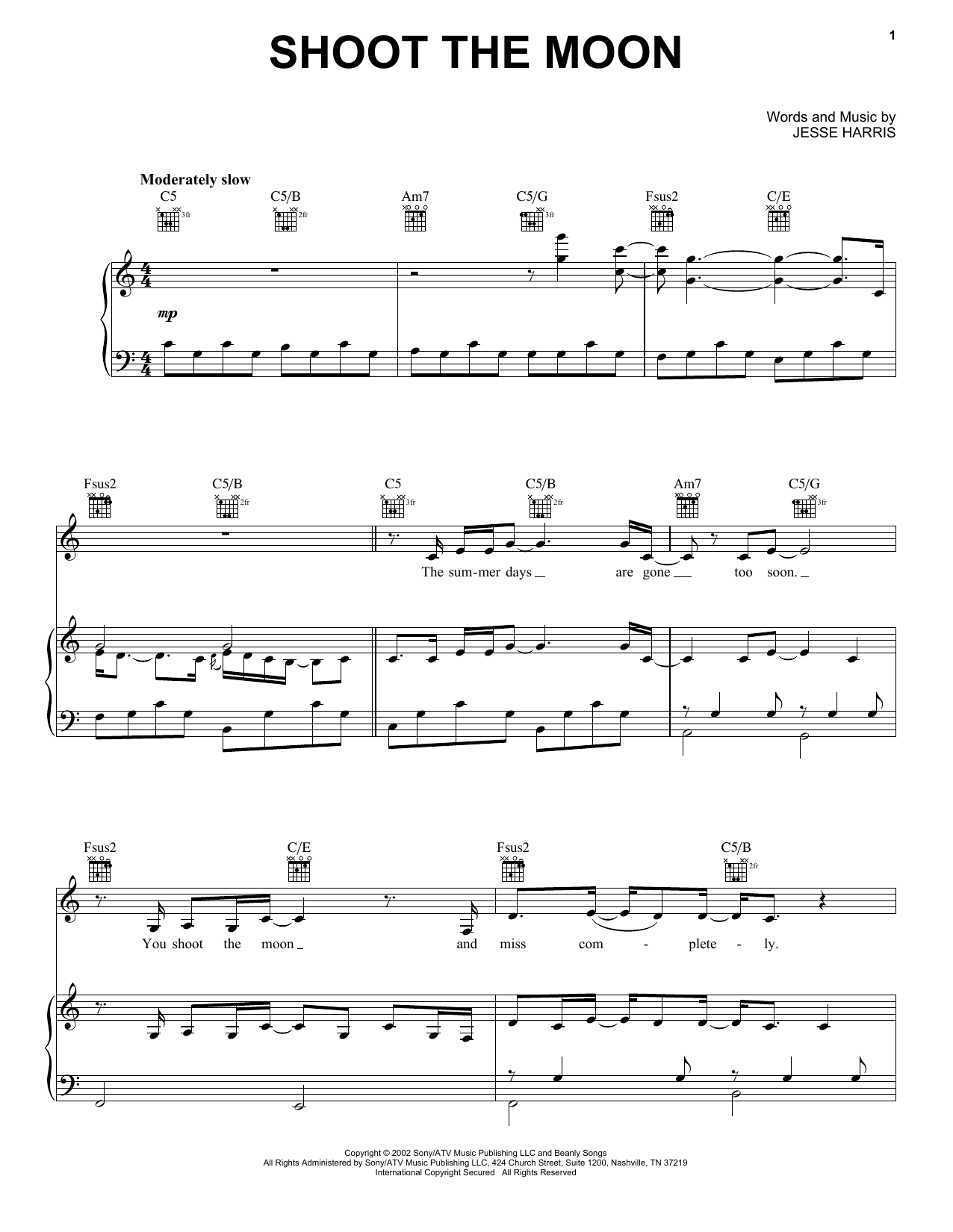 Norah Jones Shoot The Moon sheet music preview music notes and score for Piano, Vocal & Guitar (Right-Hand Melody) including 6 page(s)