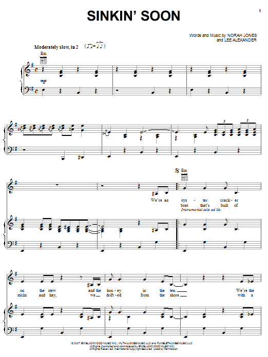 Learn to play Norah Jones Sinkin' Soon sheet music for Piano, Vocal & Guitar (Right-Hand Melody) in minutes. Norah Jones Sinkin' Soon sheet music preview music notes and score for Piano, Vocal & Guitar (Right-Hand Melody) including 6 page(s)