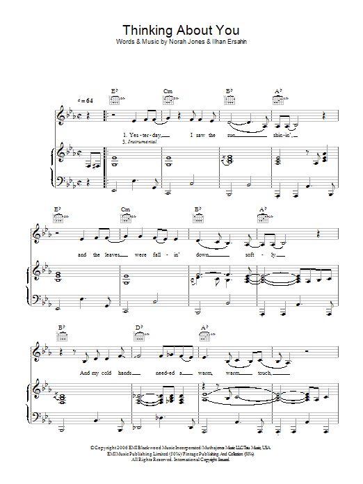 Learn to play Norah Jones Thinking About You sheet music for Piano, Vocal & Guitar (Right-Hand Melody) in minutes. Norah Jones Thinking About You sheet music preview music notes and score for Piano, Vocal & Guitar (Right-Hand Melody) including 5 page(s)