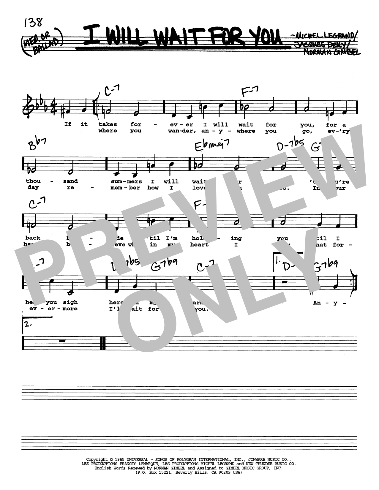 Norman Gimbel I Will Wait For You (Low Voice) sheet music, chords, lyrics - Printable PDF for Real Book – Melody, Lyrics & Chords