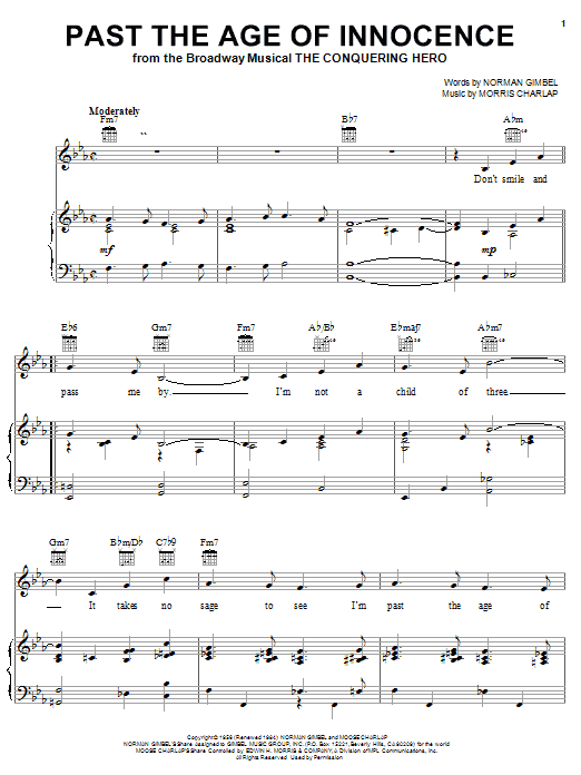 Learn to play Norman Gimbel Past The Age Of Innocence sheet music for Piano, Vocal & Guitar (Right-Hand Melody) in minutes. Norman Gimbel Past The Age Of Innocence sheet music preview music notes and score for Piano, Vocal & Guitar (Right-Hand Melody) including 3 page(s)