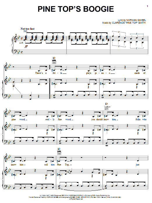 Learn to play Norman Gimbel Pine Top's Boogie sheet music for Piano, Vocal & Guitar (Right-Hand Melody) in minutes. Norman Gimbel Pine Top's Boogie sheet music preview music notes and score for Piano, Vocal & Guitar (Right-Hand Melody) including 4 page(s)