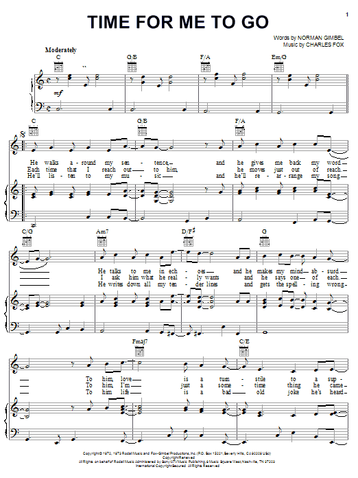 Learn to play Norman Gimbel Time For Me To Go sheet music for Piano, Vocal & Guitar (Right-Hand Melody) in minutes. Norman Gimbel Time For Me To Go sheet music preview music notes and score for Piano, Vocal & Guitar (Right-Hand Melody) including 3 page(s)