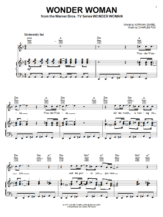 Learn to play Norman Gimbel Wonder Woman sheet music for Piano, Vocal & Guitar (Right-Hand Melody) in minutes. Norman Gimbel Wonder Woman sheet music preview music notes and score for Piano, Vocal & Guitar (Right-Hand Melody) including 5 page(s)