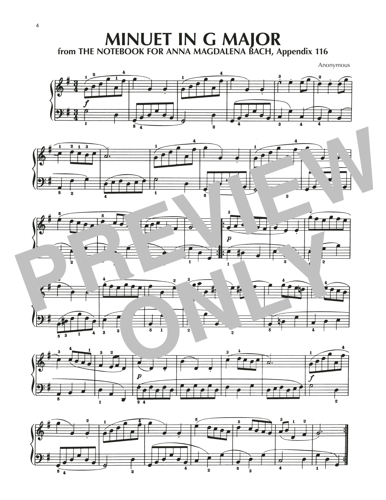 Notebook for Anna Magdalena Bach Minuet In G Major, BWV Appendix 116 sheet music, chords, lyrics - Printable PDF for Piano Solo
