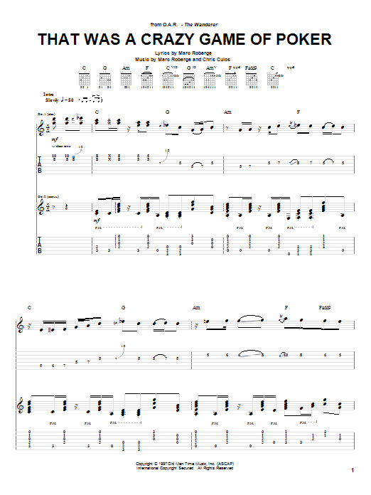 Learn to play O.A.R. That Was A Crazy Game Of Poker sheet music for Guitar Tab in minutes. O.A.R. That Was A Crazy Game Of Poker sheet music preview music notes and score for Guitar Tab including 12 page(s)