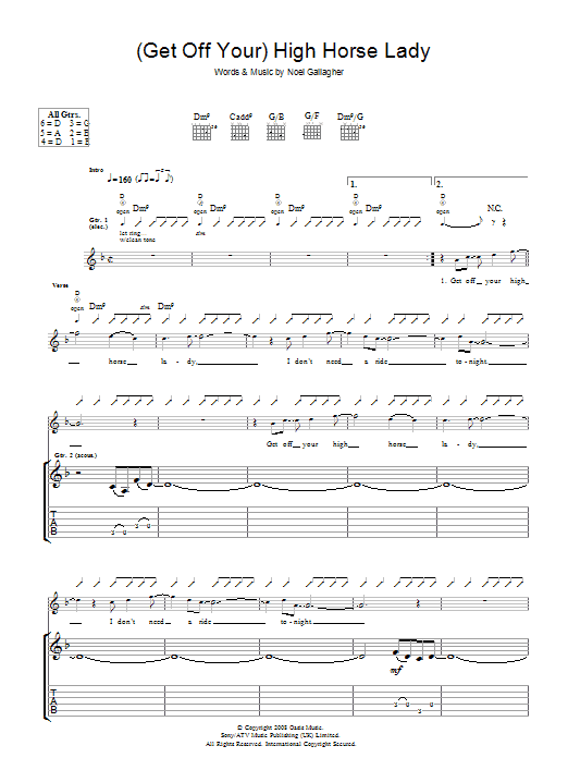 Learn to play Oasis (Get Off Your) High Horse Lady sheet music for Guitar Tab in minutes. Oasis (Get Off Your) High Horse Lady sheet music preview music notes and score for Guitar Tab including 7 page(s)