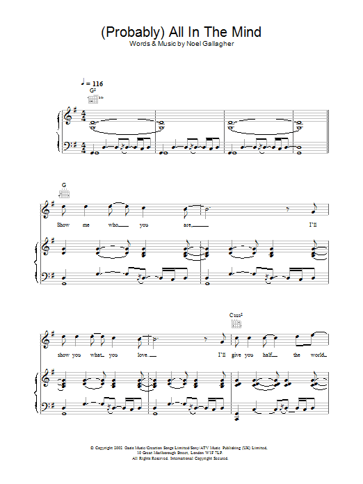 Oasis (Probably) All In The Mind sheet music preview music notes and score for Piano, Vocal & Guitar including 7 page(s)