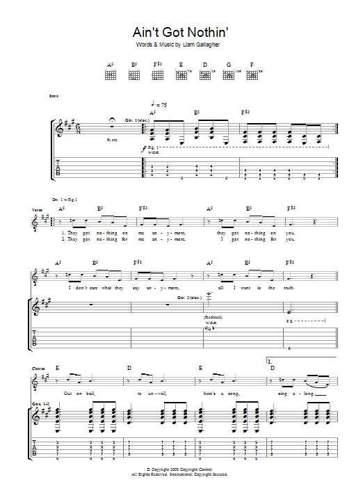 Learn to play Oasis Ain't Got Nothin' sheet music for Guitar Tab in minutes. Oasis Ain't Got Nothin' sheet music preview music notes and score for Guitar Tab including 3 page(s)