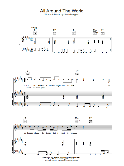 Oasis All Around The World sheet music preview music notes and score for Piano, Vocal & Guitar including 10 page(s)