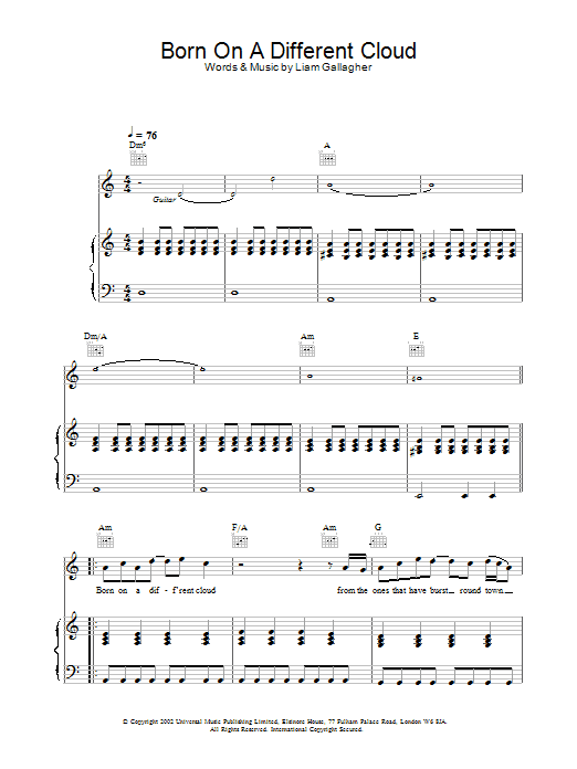 Learn to play Oasis Born On A Different Cloud sheet music for Piano, Vocal & Guitar in minutes. Oasis Born On A Different Cloud sheet music preview music notes and score for Piano, Vocal & Guitar including 5 page(s)
