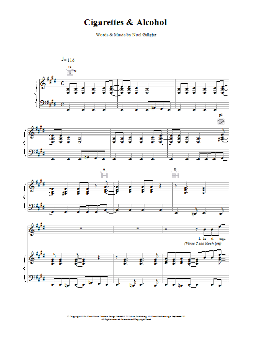 Learn to play Oasis Cigarettes & Alcohol sheet music for Keyboard in minutes. Oasis Cigarettes & Alcohol sheet music preview music notes and score for Keyboard including 2 page(s)