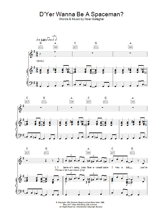 Oasis D'Yer Wanna Be A Spaceman? sheet music preview music notes and score for Piano, Vocal & Guitar (Right-Hand Melody) including 4 page(s)