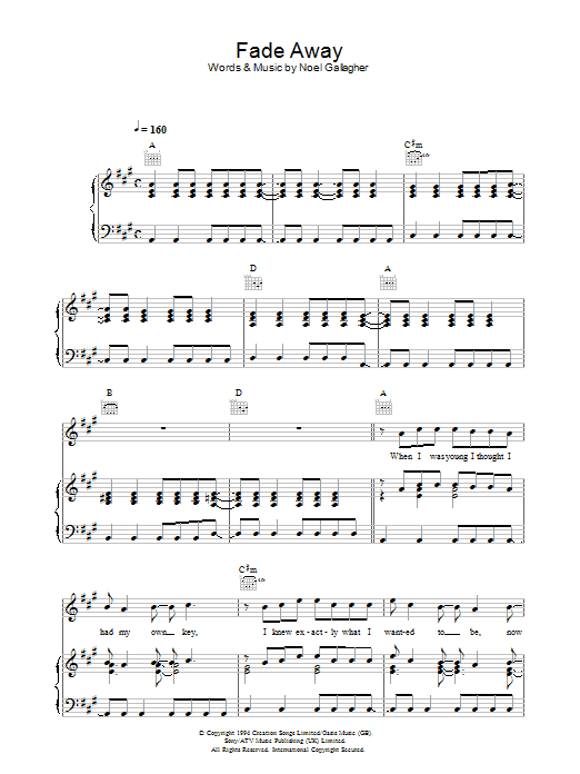 Oasis Fade Away sheet music preview music notes and score for Piano, Vocal & Guitar (Right-Hand Melody) including 6 page(s)