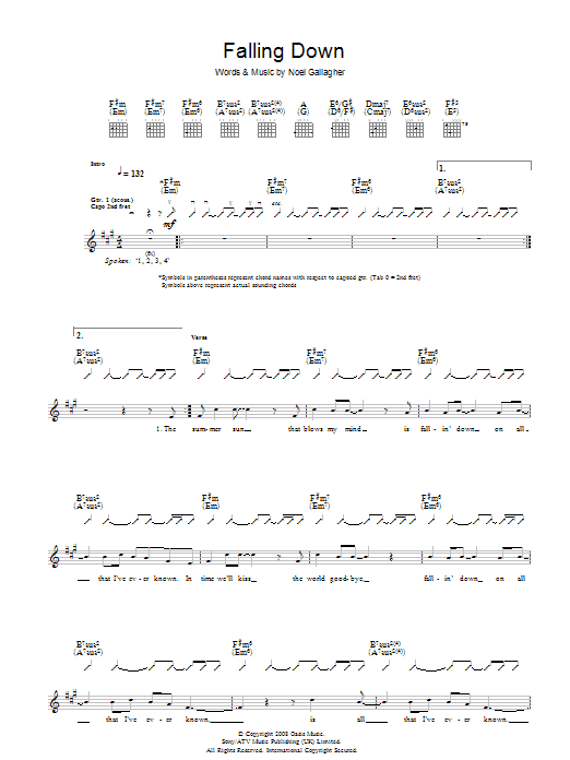 Learn to play Oasis Falling Down sheet music for Piano, Vocal & Guitar in minutes. Oasis Falling Down sheet music preview music notes and score for Piano, Vocal & Guitar including 6 page(s)