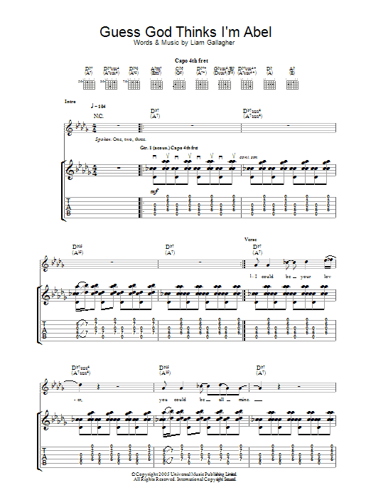 Oasis Guess God Thinks I'm Abel sheet music preview music notes and score for Piano, Vocal & Guitar (Right-Hand Melody) including 5 page(s)
