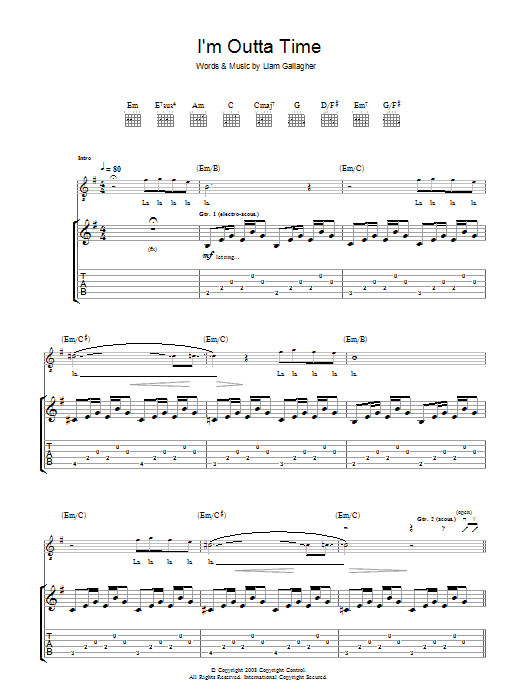 Learn to play Oasis I'm Outta Time sheet music for Piano, Vocal & Guitar in minutes. Oasis I'm Outta Time sheet music preview music notes and score for Piano, Vocal & Guitar including 6 page(s)