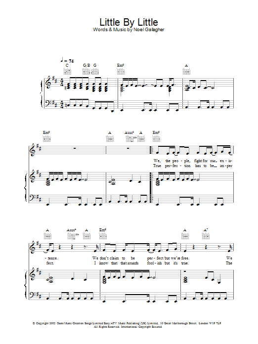 Oasis Little By Little sheet music preview music notes and score for Piano, Vocal & Guitar including 5 page(s)