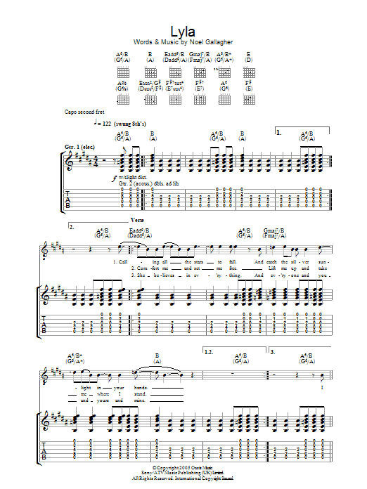 Oasis Lyla sheet music preview music notes and score for Piano, Vocal & Guitar (Right-Hand Melody) including 6 page(s)