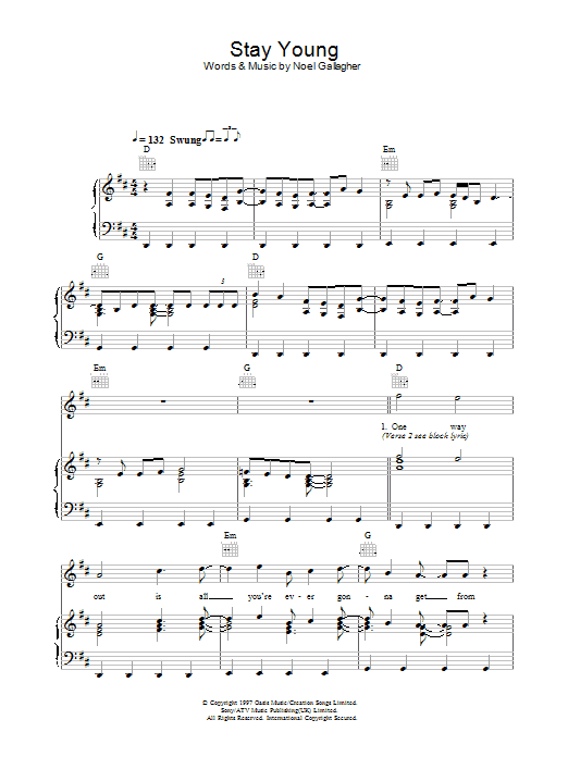 Oasis Stay Young sheet music preview music notes and score for Piano, Vocal & Guitar (Right-Hand Melody) including 5 page(s)
