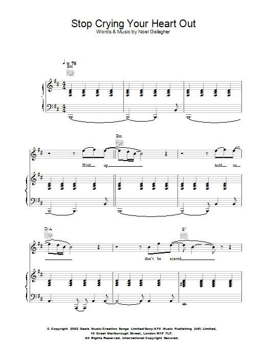Learn to play Oasis Stop Crying Your Heart Out sheet music for Piano, Vocal & Guitar in minutes. Oasis Stop Crying Your Heart Out sheet music preview music notes and score for Piano, Vocal & Guitar including 6 page(s)