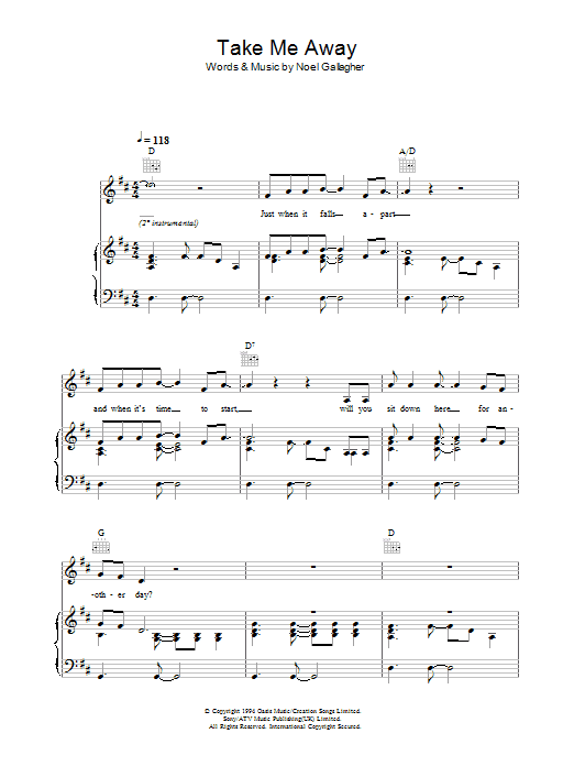 Oasis Take Me Away sheet music preview music notes and score for Guitar Tab including 5 page(s)