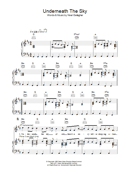 Oasis Underneath The Sky sheet music preview music notes and score for Piano, Vocal & Guitar (Right-Hand Melody) including 4 page(s)