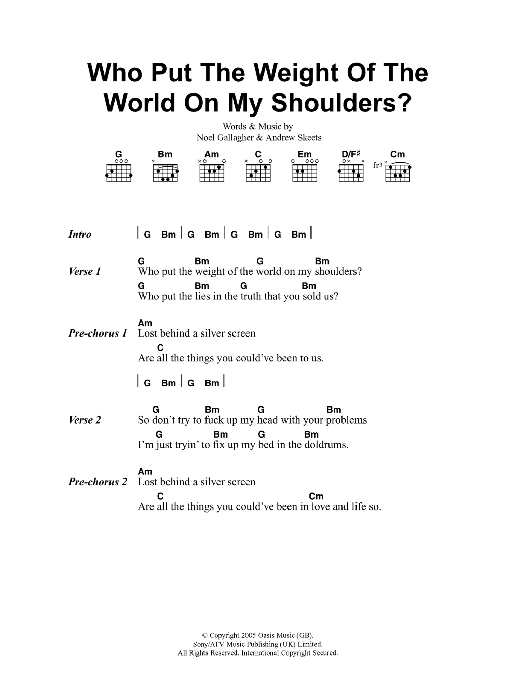Oasis Who Put The Weight Of The World On My Shoulders? sheet music, chords, lyrics - Printable PDF for Lyrics & Chords
