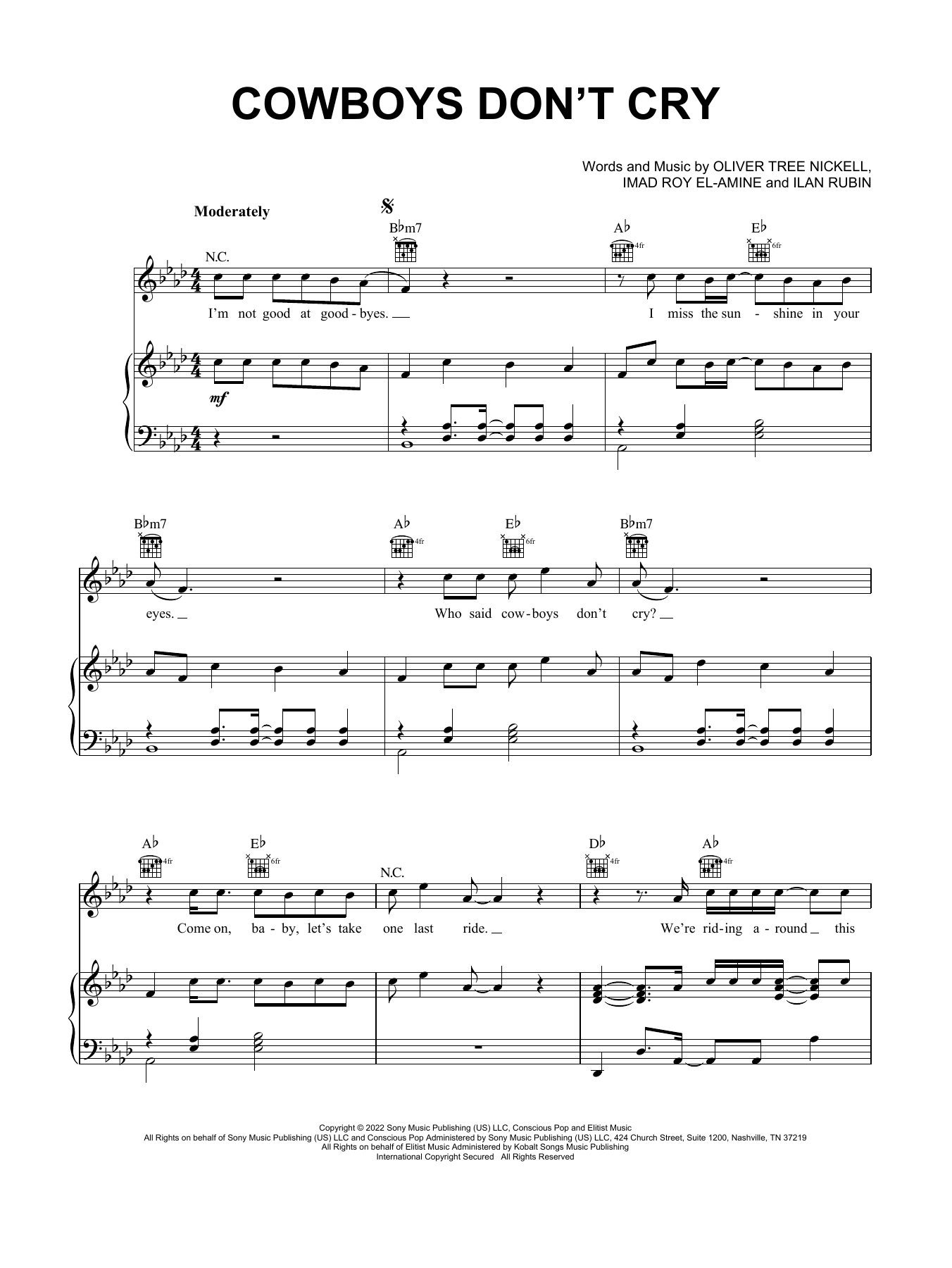Oliver Tree Cowboys Don't Cry sheet music preview music notes and score for Piano, Vocal & Guitar Chords (Right-Hand Melody) including 5 page(s)