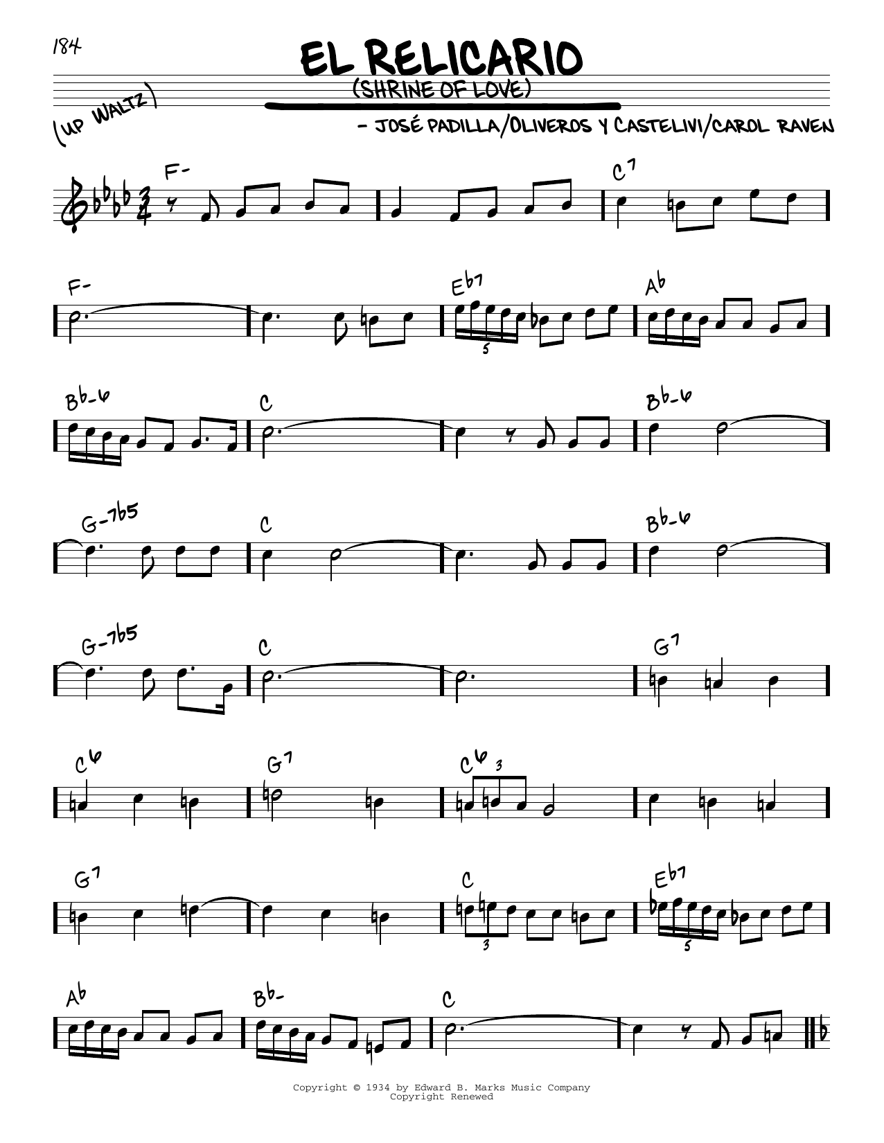 Learn to play Oliveros y Castelivi El Relicario (Shrine Of Love) sheet music for Real Book – Melody & Chords in minutes. Oliveros y Castelivi El Relicario (Shrine Of Love) sheet music preview music notes and score for Real Book – Melody & Chords including 2 page(s)