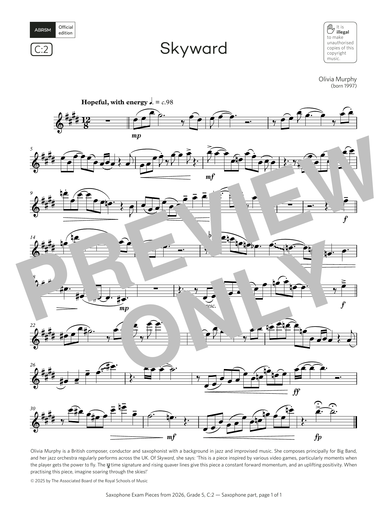 Olivia Murphy Skyward (Grade 5, list C2, from the ABRSM Saxophone Syllabus from 2026) sheet music, chords, lyrics - Printable PDF for Alto Sax Solo