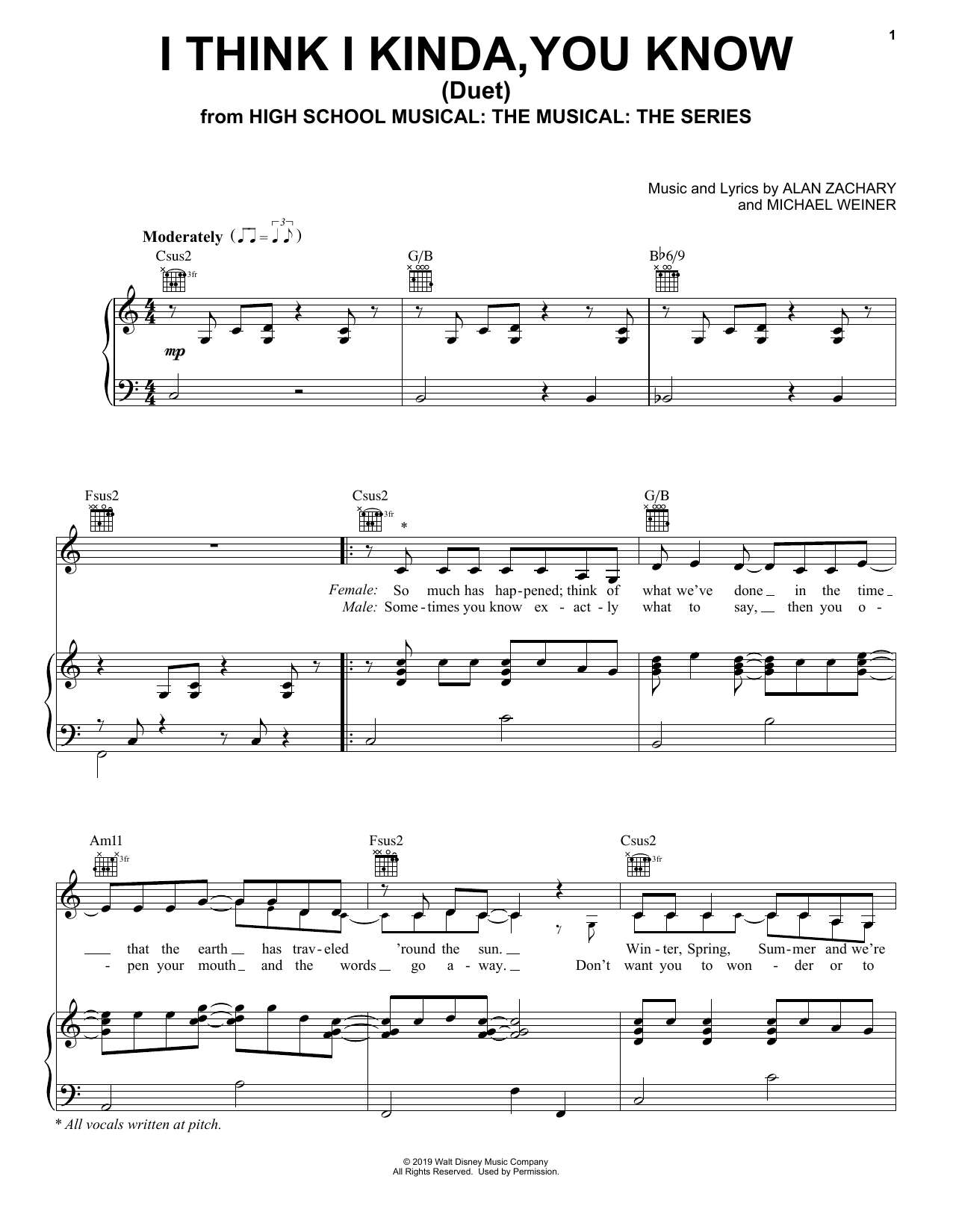 Olivia Rodrigo & Joshua Bassett I Think I Kinda, You Know (Duet) (from High School Musical: The Musical: The Series) sheet music, chords, lyrics - Printable PDF for Piano, Vocal & Guitar (Right-Hand Melody)