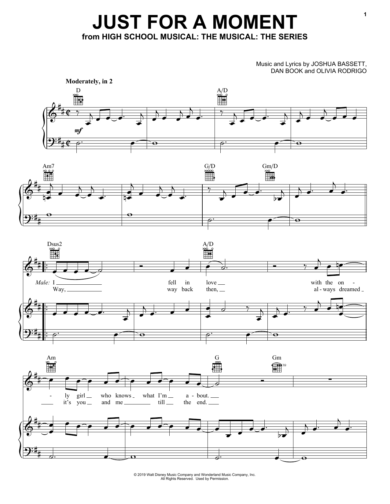Olivia Rodrigo & Joshua Bassett Just For A Moment (from High School Musical: The Musical: The Series) sheet music, chords, lyrics - Printable PDF for Piano, Vocal & Guitar (Right-Hand Melody)