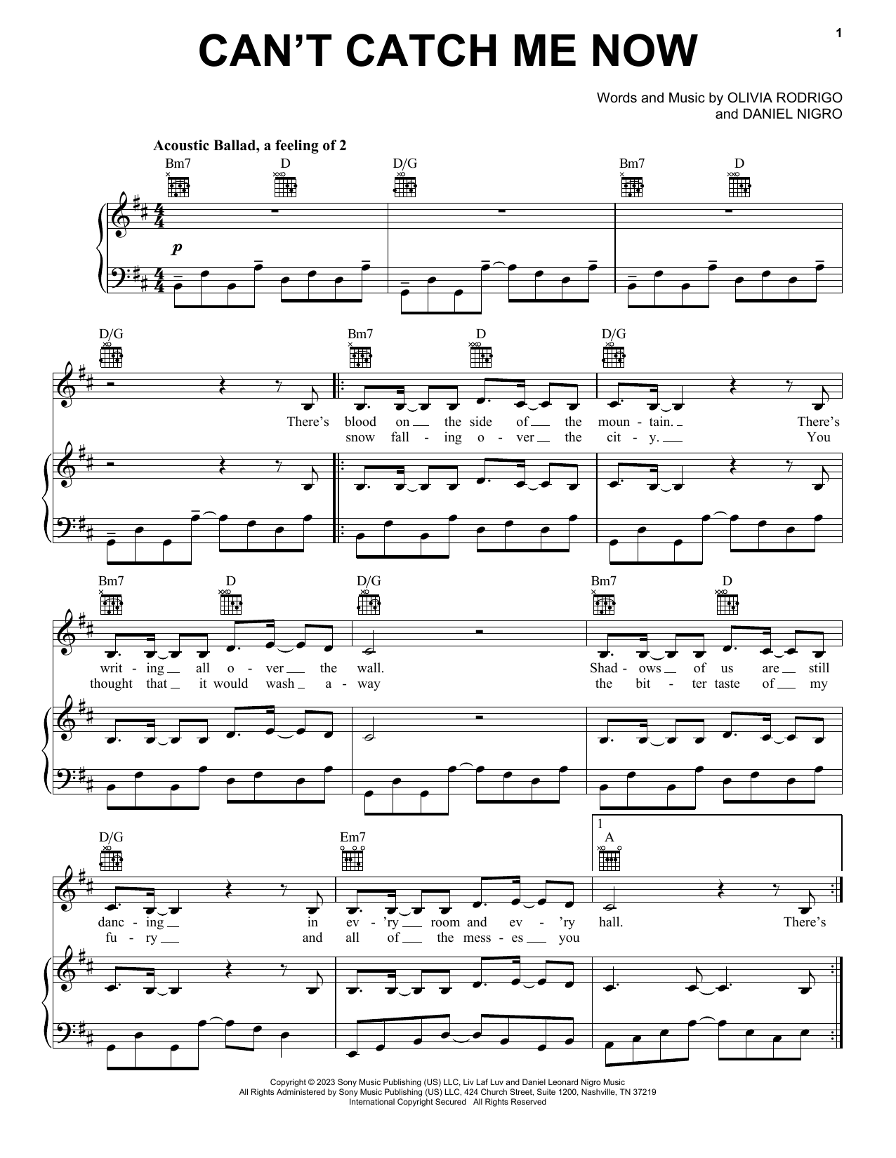 Olivia Rodrigo Can't Catch Me Now (from The Hunger Games: The Ballad of Songbirds & Snakes) sheet music, chords, lyrics - Printable PDF for Easy Piano