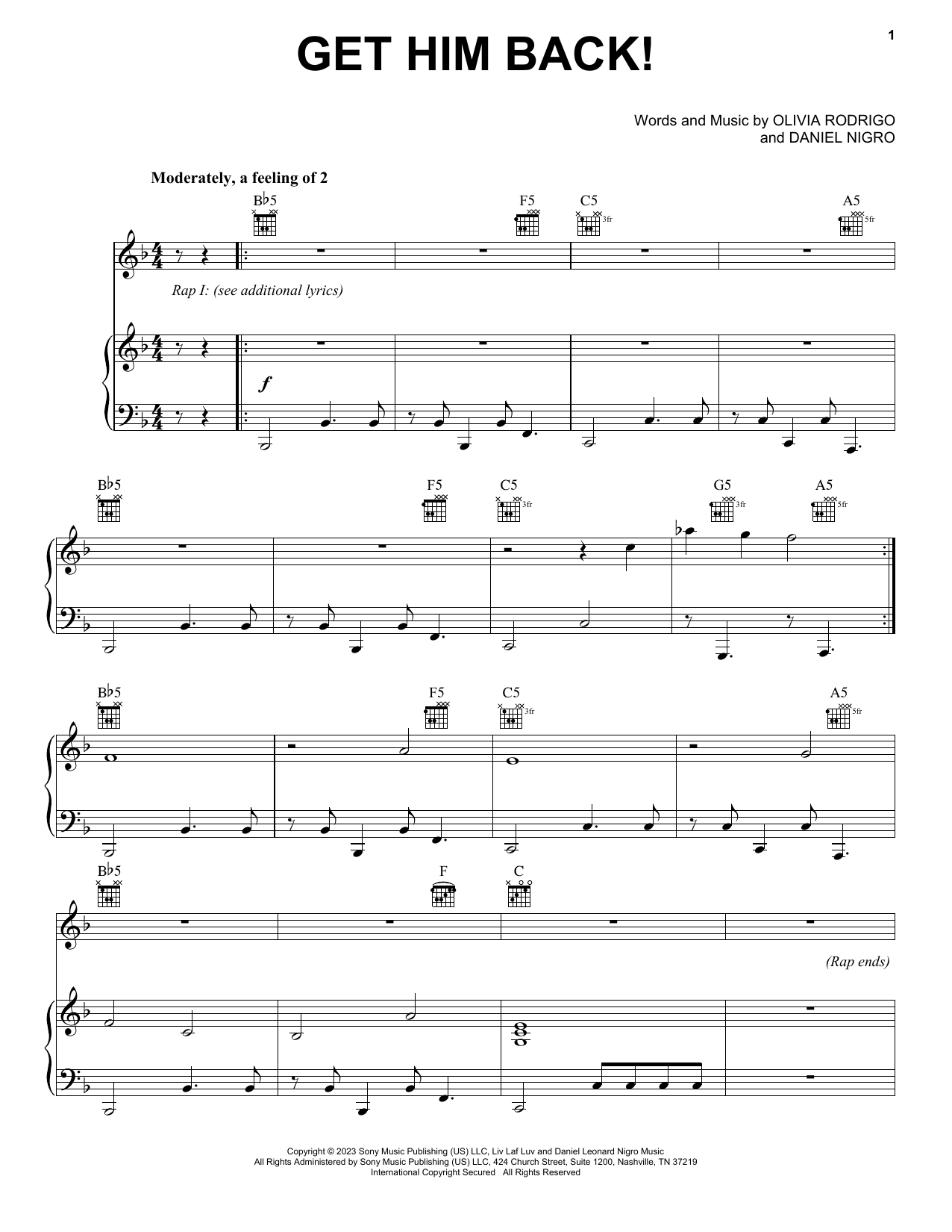 Download Olivia Rodrigo get him back! sheet music notes and chords for Piano, Vocal & Guitar Chords (Right-Hand Melody) - Download Printable PDF and start playing in minutes.