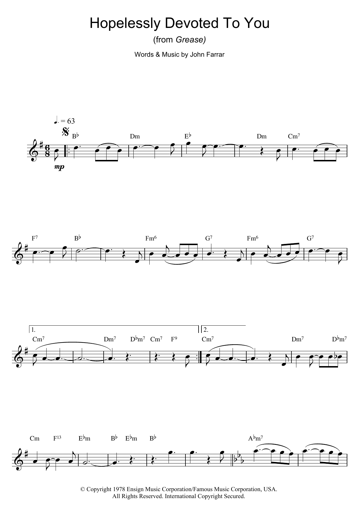 Learn to play Olivia Newton-John Hopelessly Devoted To You (from Grease) sheet music for Melody Line, Lyrics & Chords in minutes. Olivia Newton-John Hopelessly Devoted To You (from Grease) sheet music preview music notes and score for Melody Line, Lyrics & Chords including 2 page(s)