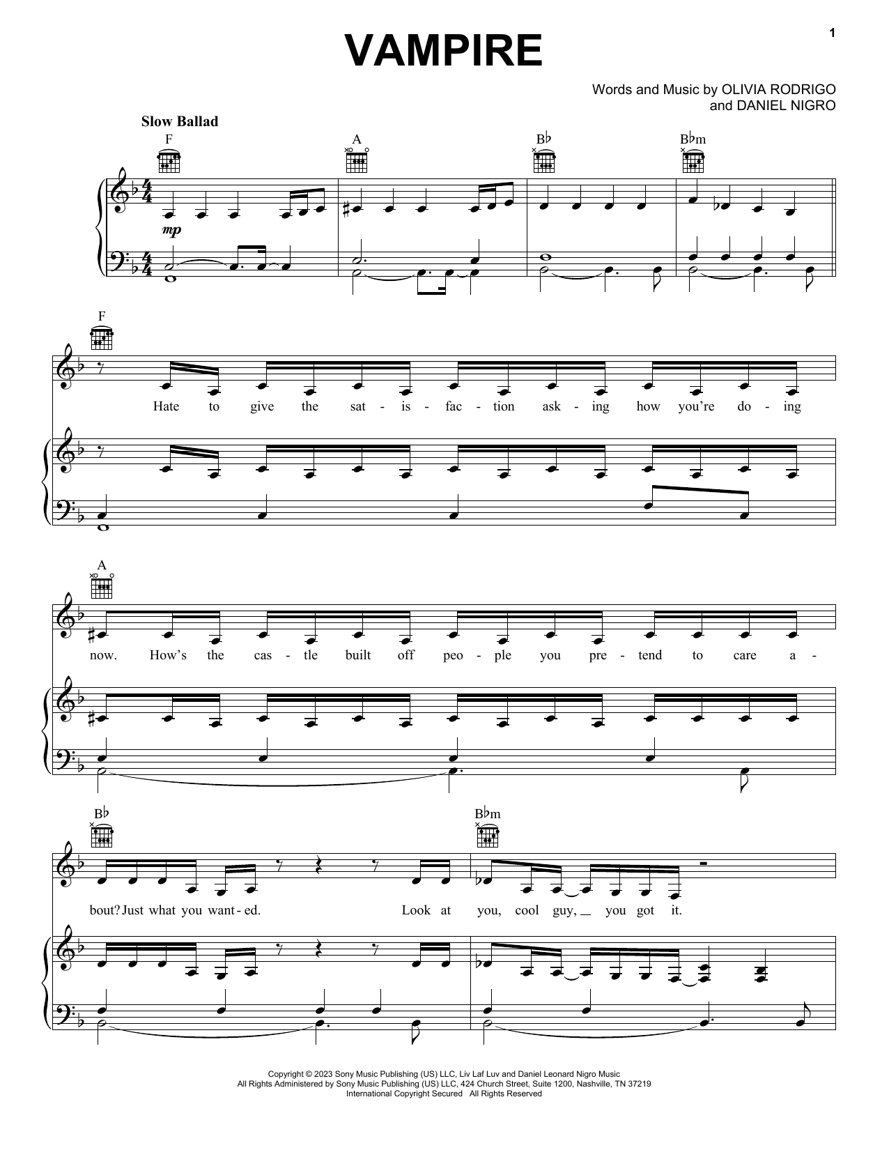 Olivia Rodrigo Vampire Sheet Music Chords Download Page Printable Piano Vocal Guitar